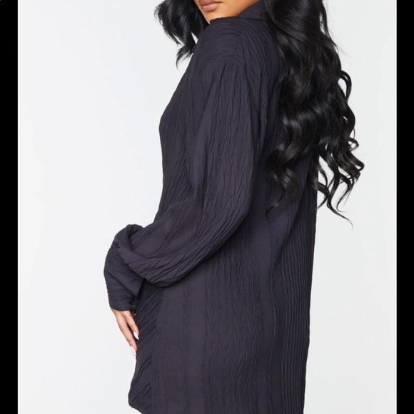 PrettyLittleThing | Dresses | Black Textured Gathered Detail Long Sleeve  Shirt Dress | Poshmark